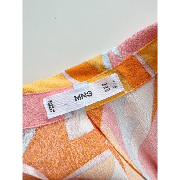 MANGO Orange Pink Abstract Scarf Printed Crepe Mini Shirt Dress, Size 4 - Picture 13 of 15